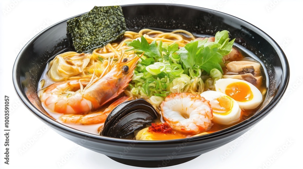 ramen soup with seafood and various vegetables, on white background ramen soup with seafood and various vegetables, on white background