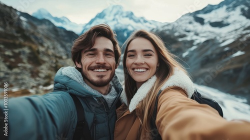 Selfie photo of happy smiling young couple during traveling together at beautiful destination in the mountains