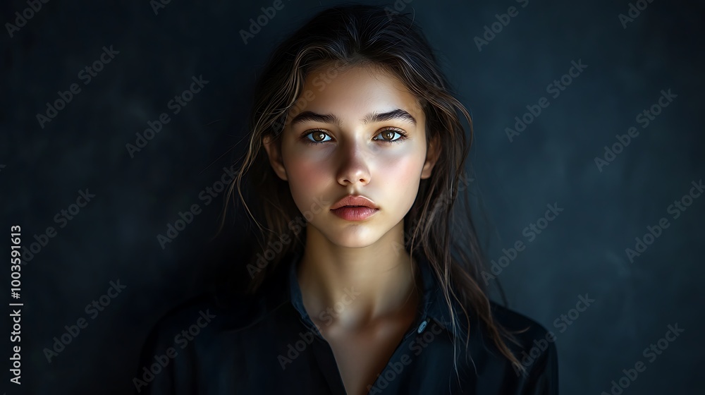Portrait of a Young Woman with Long Brown Hair and Brown Eyes, Realistic Illustration Portrait of a Young Woman with Long Brown Hair and Brown Eyes, Realistic Illustration