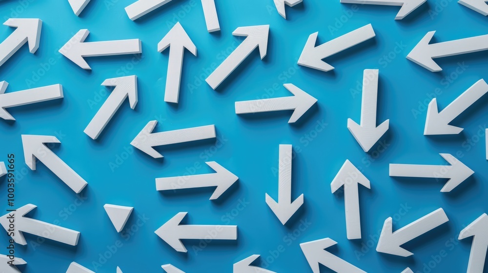 Multiple white arrows pointing in various directions on a blue background. Concept of choice, decisions, paths, and directions in life. Multiple white arrows pointing in various directions on a blue background. Concept of choice, decisions, paths, and directions in life.