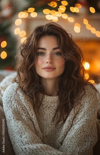 Wallpaper Mural Beautiful woman in a cozy sweater sitting on sofa, smiling, Christmas tree lights glowing behind Torontodigital.ca