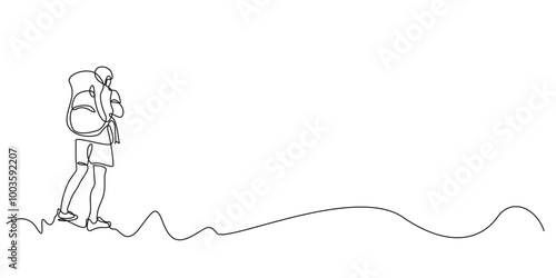 continuous line of young man with backpack on back preparing to explore nature.one line drawing of adventurous man.free time.single line vector illustration.isolated white background