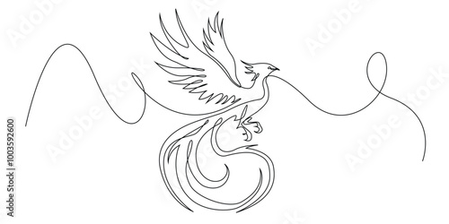continuous line phoenix.one line drawing of flying phoenix.single line vector illustration.isolated white background