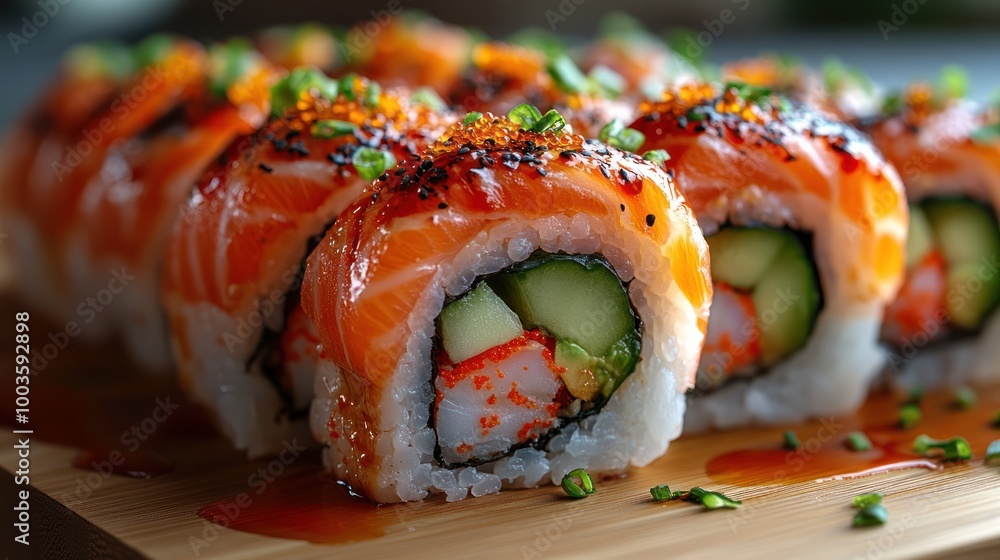 Closeup of Delicious Salmon Sushi Rolls Closeup of Delicious Salmon Sushi Rolls