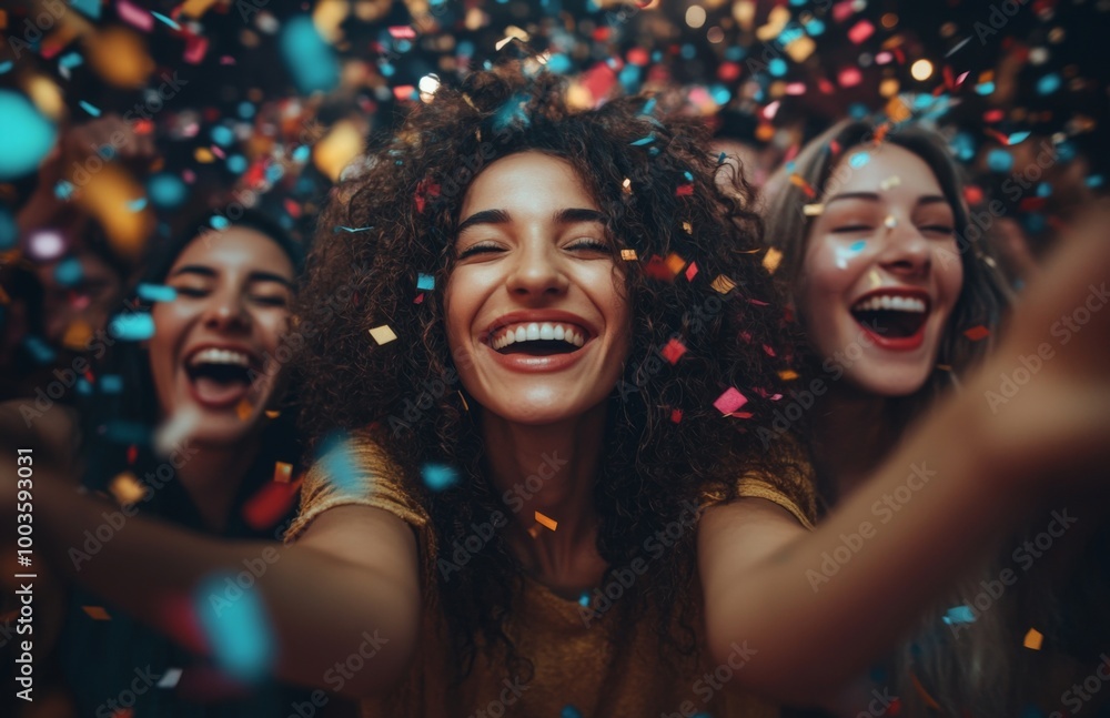 Group of friends celebrating at a club, dancing with confetti, enjoying the night out Group of friends celebrating at a club, dancing with confetti, enjoying the night out