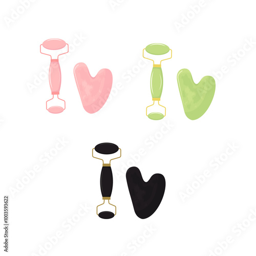 Guasha massage scraping. Roller for Face and Gua Sha Massage. Pink rose, green and black quartz stone roller and Scraping Plate Kit. Anti-Aging Beauty Skincare Tool. Vector illustration.