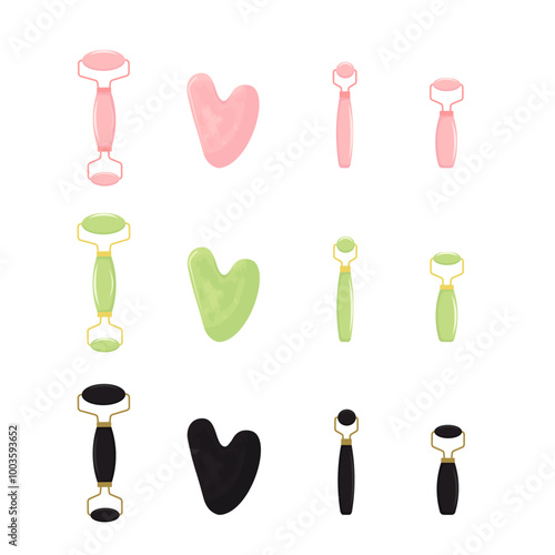 Guasha massage scraping. Roller for Face and Gua Sha Massage. Pink rose, green and black quartz stone roller and Scraping Plate Kit. Anti-Aging Beauty Skincare Tool. Vector illustration.