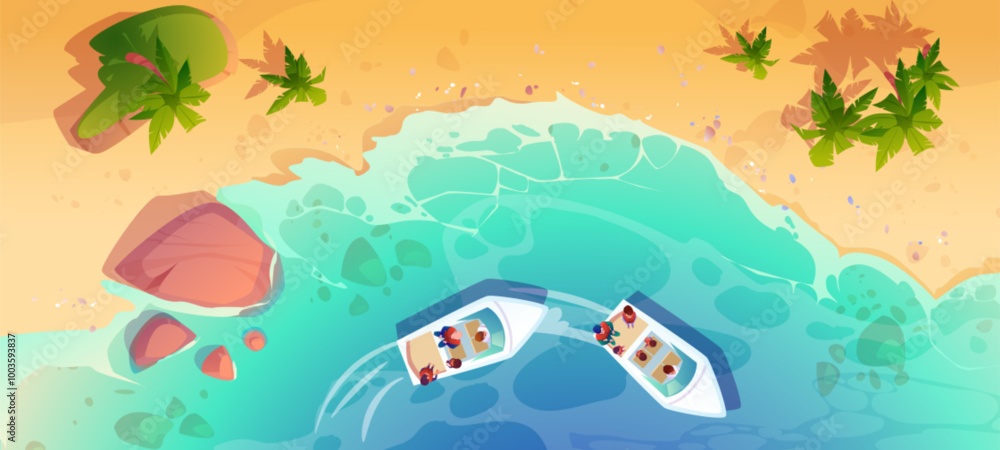 Sea water and beach shore top view cartoon background. Aerial summer ocean island design with children on boat. Beautiful sand coat topview wallpaper. Abstract sandy surface in clear lagoon nature Sea water and beach shore top view cartoon background. Aerial summer ocean island design with children on boat. Beautiful sand coat topview wallpaper. Abstract sandy surface in clear lagoon nature