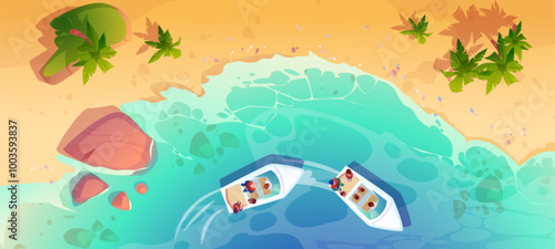 Sea water and beach shore top view cartoon background. Aerial summer ocean island design with children on boat. Beautiful sand coat topview wallpaper. Abstract sandy surface in clear lagoon nature