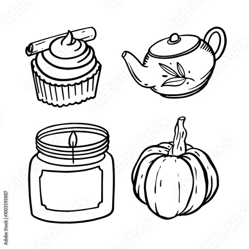 Cozy Autumn Items Delicious Cupcake, Beautiful Teapot, Scented Candle, and Festive Pumpkin