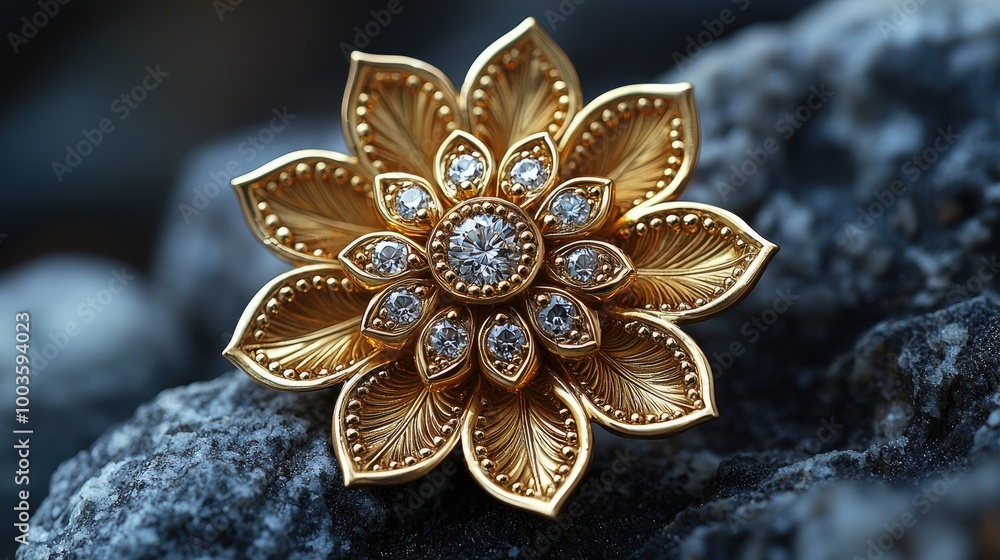 Gold jewelry brooch featuring a mandala design. Gold jewelry brooch featuring a mandala design.