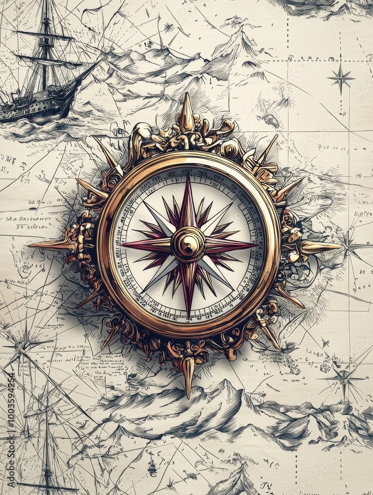 Fototapeta premium Vintage Compass on Antique Navigation Map with Nautical Concept