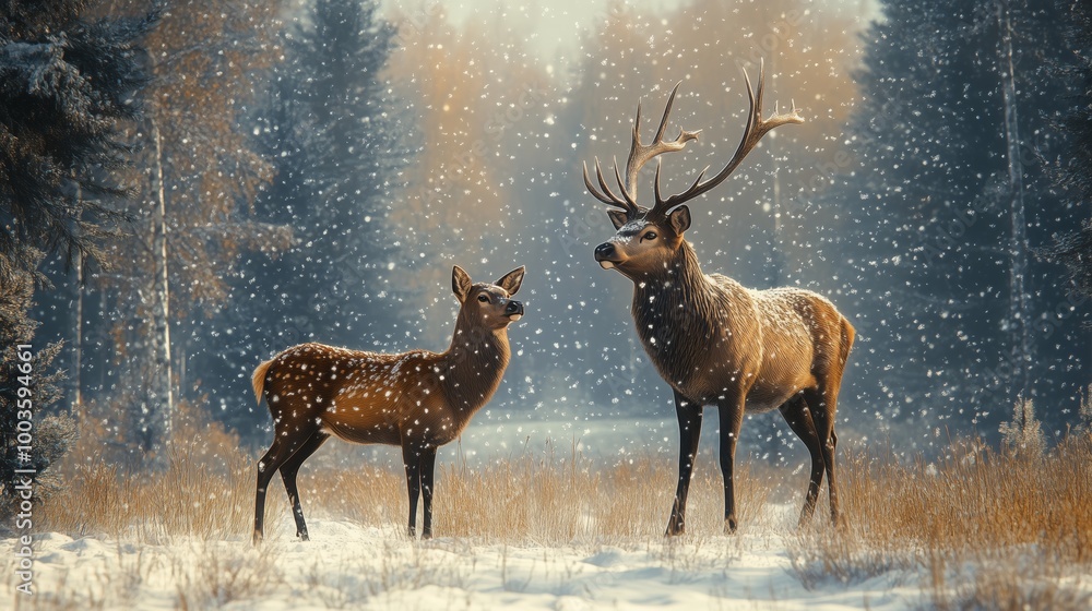 Noble deer male and female in winter snow forest. Artistic winter Christmas landscape. Winter wonderland. Noble deer male and female in winter snow forest. Artistic winter Christmas landscape. Winter wonderland.