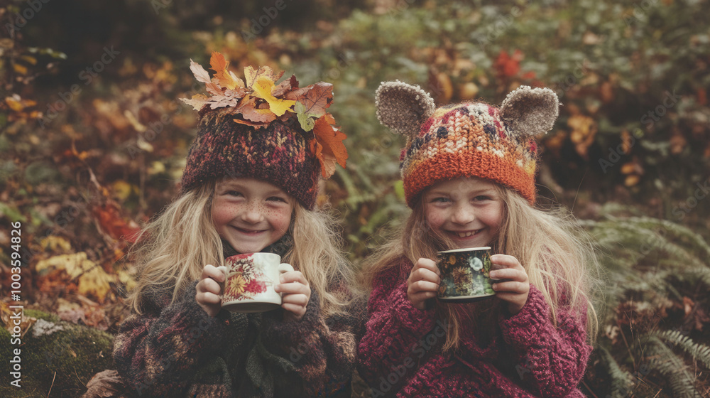 Two little girls wearing knitted hats and holding mugs Two little girls wearing knitted hats and holding mugs