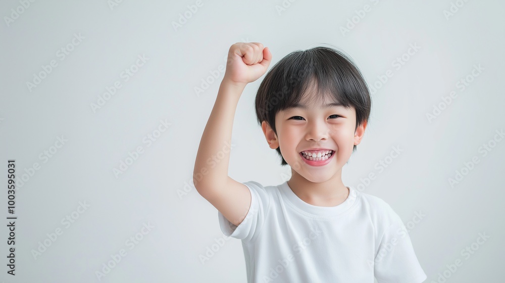 Asian boy with Victory Fist hand Asian boy with Victory Fist hand