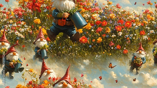 Gnomes marching happily through a vibrant field of flowers, carrying watering cans and freshly picked bouquets, surrounded by fluttering butterflies, sunny skies, and a cheerful, whimsical atmosphere. photo