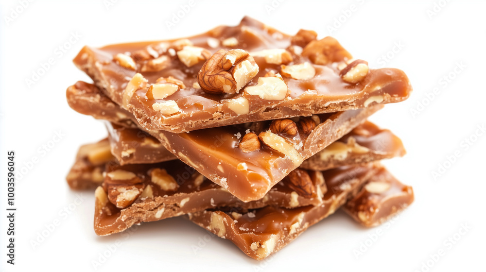 A stack of crunchy toffee pieces with nuts coated in caramel, resting on a white background. The delicious-looking pieces appear fresh and sweet A stack of crunchy toffee pieces with nuts coated in caramel, resting on a white background. The delicious-looking pieces appear fresh and sweet