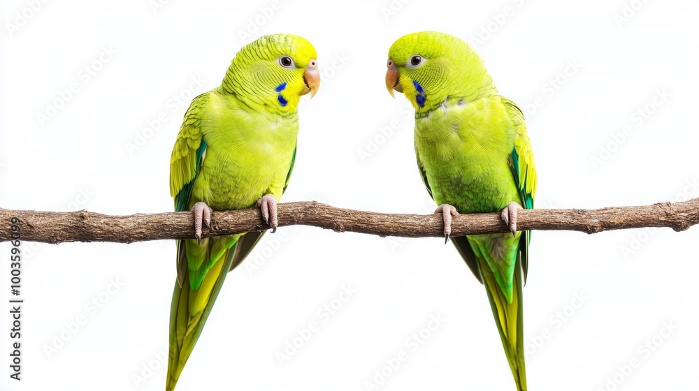 Fototapeta premium Two green parakeets on a branch isolated on white background