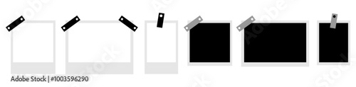 Set of empty black photo frames of various shape and size glued to transparent background with adhesive tape of different colors. Vector illustration with vintage style.