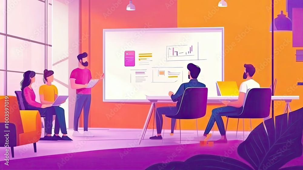 Business Meeting Presentation of App Design and Charts on a Whiteboard Business Meeting Presentation of App Design and Charts on a Whiteboard
