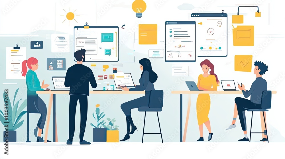 Four People Working at Desks in an Office Setting Four People Working at Desks in an Office Setting