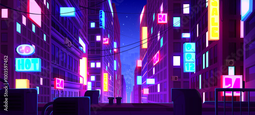 Night neon downtown city street with signboard on building perspective view. Abstract future cityscape road game panorama. 2d cyber futuristic metaverse district environment. Anime skyscraper banner