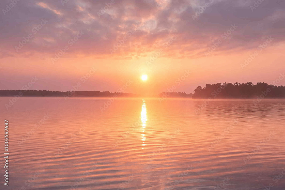 Peaceful Morning: A Tranquil Sunrise Over a Serene Bay with Gentle Waves Peaceful Morning: A Tranquil Sunrise Over a Serene Bay with Gentle Waves