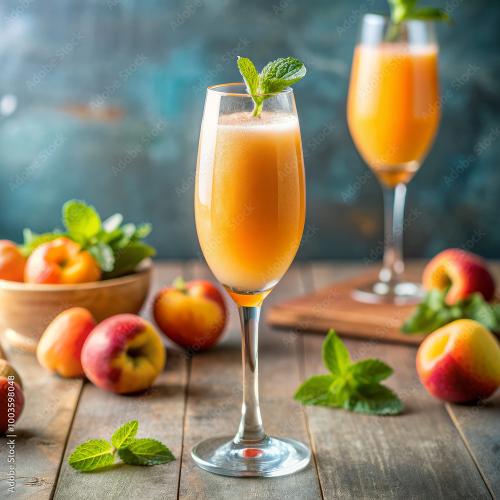 Peach Bellini Cocktails with Fresh Mint and Peaches in Champagne Flute Peach Bellini Cocktails with Fresh Mint and Peaches in Champagne Flute