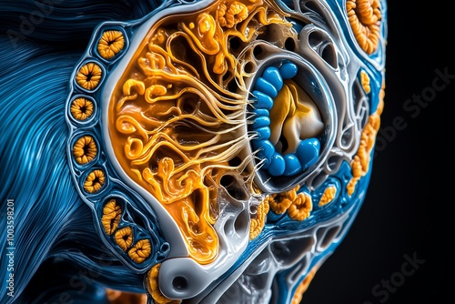 Hyper-realistic view of the inner ear anatomy, showing the detailed structures of the cochlea, semicircular canals, and auditory nerve