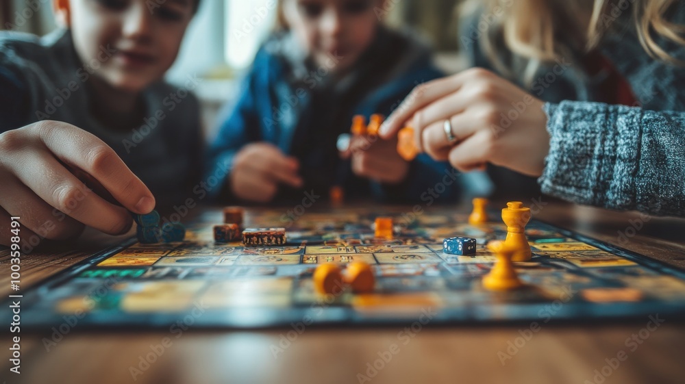 Children engaged in a board game, focusing on colorful pieces and strategy. Children engaged in a board game, focusing on colorful pieces and strategy.
