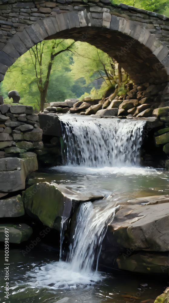 Naklejka premium a waterfall flowing under a stone bridge in the woods