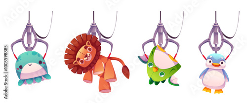 Toy claw grabber machine element for arcade game. Mechanical vending machinery arm crane with plush amusement to pick. Robotic puppet device set for win prize on carnival. Cute kid entertainment