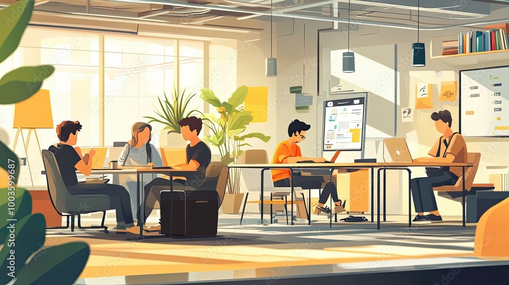 Four People Working on Laptops in a Modern Office Space Four People Working on Laptops in a Modern Office Space