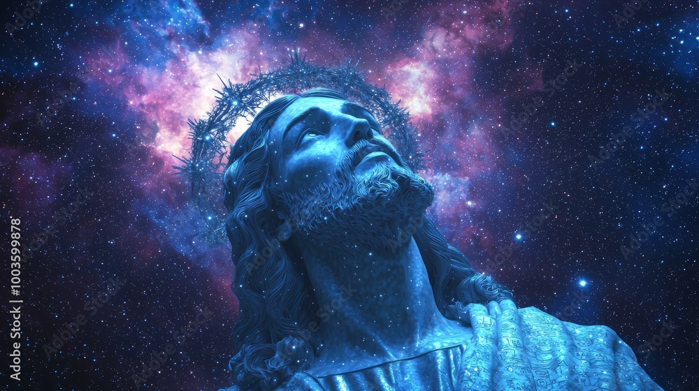Celestial Encounter: Mystical Jesus Embraced by Stars and Ancient Symbols in Cosmic Aura Celestial Encounter: Mystical Jesus Embraced by Stars and Ancient Symbols in Cosmic Aura