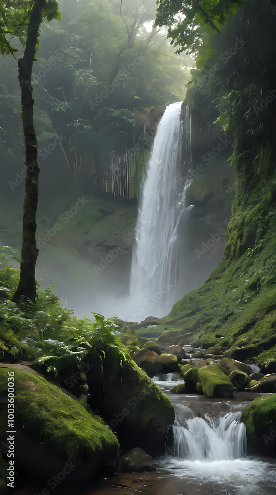 a waterfall in the middle of a forest with moss a waterfall in the middle of a forest with moss