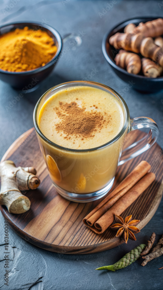 Warm Golden Turmeric Latte in a glass Mug with Cinnamon - A Healthy and Cozy Drink Warm Golden Turmeric Latte in a glass Mug with Cinnamon - A Healthy and Cozy Drink