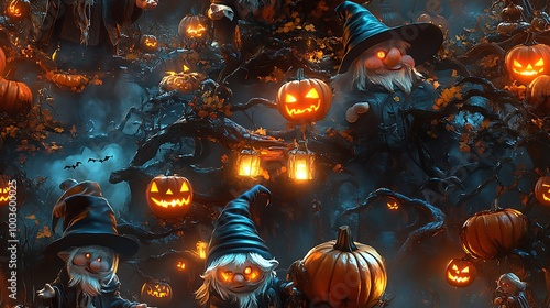 Halloween gnomes wearing witch hats and wizard robes, playing among carved pumpkins, bats flying overhead, and spooky trees with twisted branches, glowing lanterns lighting the scene, whimsical,