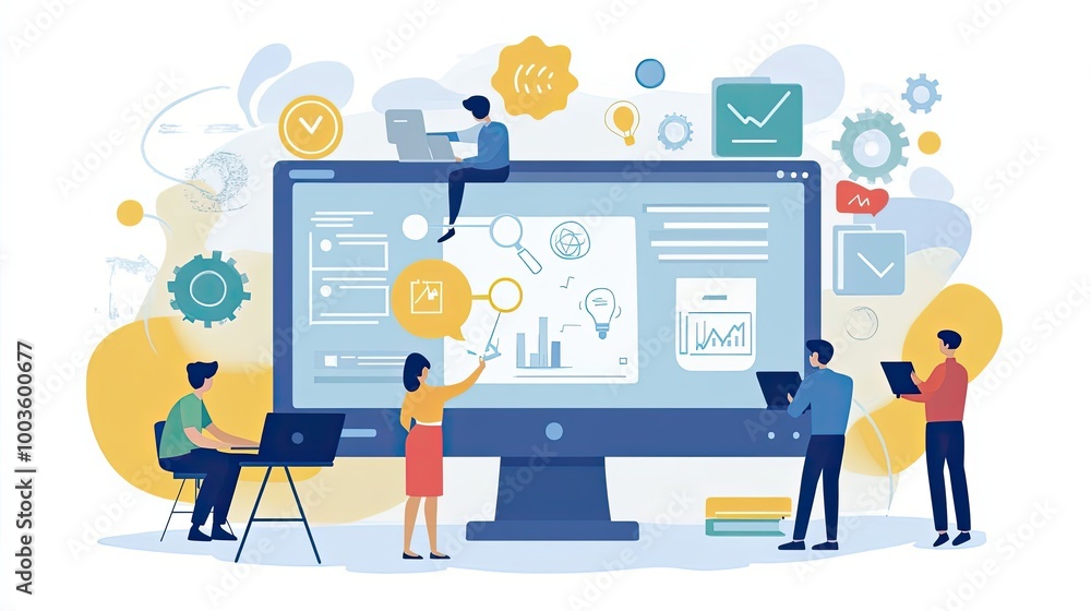 Team of people working on a project with a large computer screen showing graphs, charts, and icons Team of people working on a project with a large computer screen showing graphs, charts, and icons