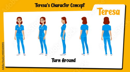 A female nurse cartoon character turnaround sheet AKA Teresa. female nurse vector cartoon.