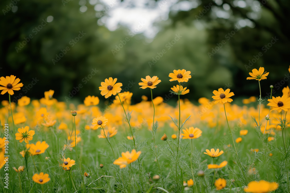 Field of yellow wildflowers in full bloom on a sunny day with lush greenery Field of yellow wildflowers in full bloom on a sunny day with lush greenery