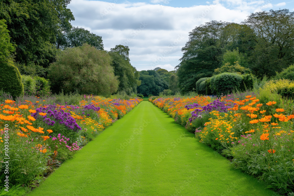 Fototapeta premium Lush garden path lined with colorful flowers and vibrant green grass under a cloudy sky