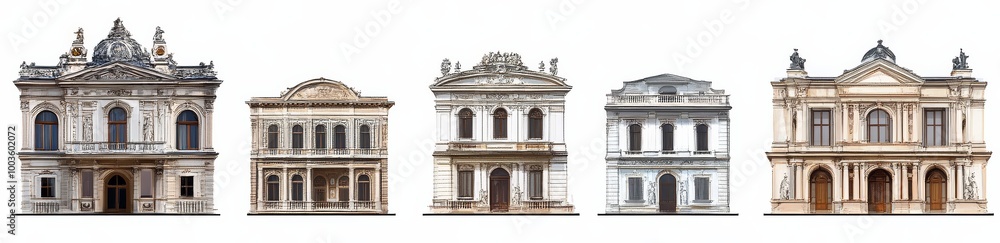 Fototapeta premium Transparent background PNG featuring a series of Baroque-style architecture elements.