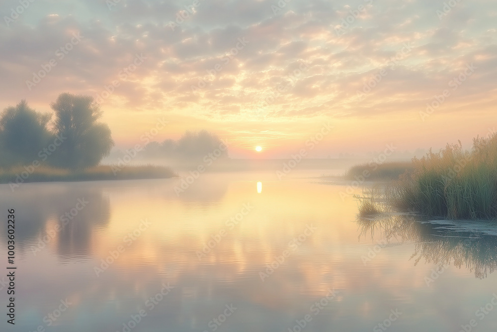 Serene Sunrise Over a River with the First Light of Dawn Reflecting on the Water Serene Sunrise Over a River with the First Light of Dawn Reflecting on the Water