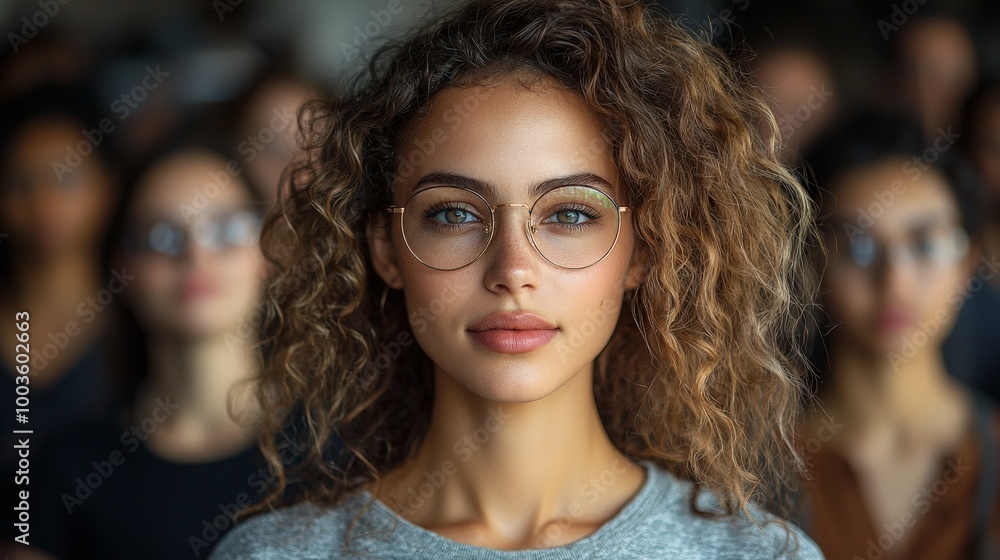 A young woman with curly hair and glasses stands out in a crowd of people behind her. A young woman with curly hair and glasses stands out in a crowd of people behind her.