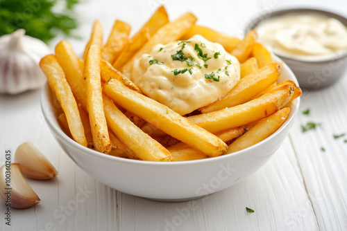 Savoring Comfort: A Bowl of Fries with a Side of Roasted Garlic Aioli