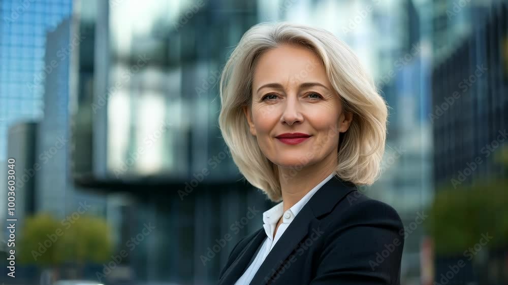 A woman in a business suit stands in front of a building. She is smiling and looking directly at the camera A woman in a business suit stands in front of a building. She is smiling and looking directly at the camera