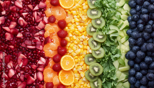 Rainbow fruit and vegetable background.