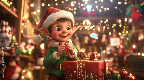 A 3D rendering of a joyful elf tying a ribbon on a gift in Santa's workshop, surrounded by