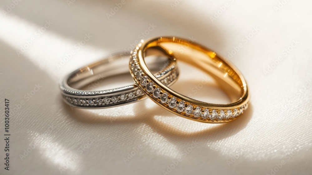 Diamond-encrusted wedding rings in gold and silver, set on a crisp white background with a timeless elegance. Diamond-encrusted wedding rings in gold and silver, set on a crisp white background with a timeless elegance.