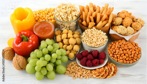 A table full of snacks and appetizers, including popcorn, nuts, grapes, peppers, and various other treats.